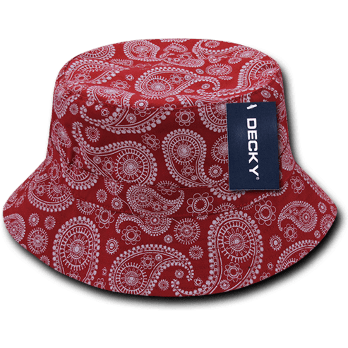 A red paisley bucket hat featuring a white pattern and a brand label.