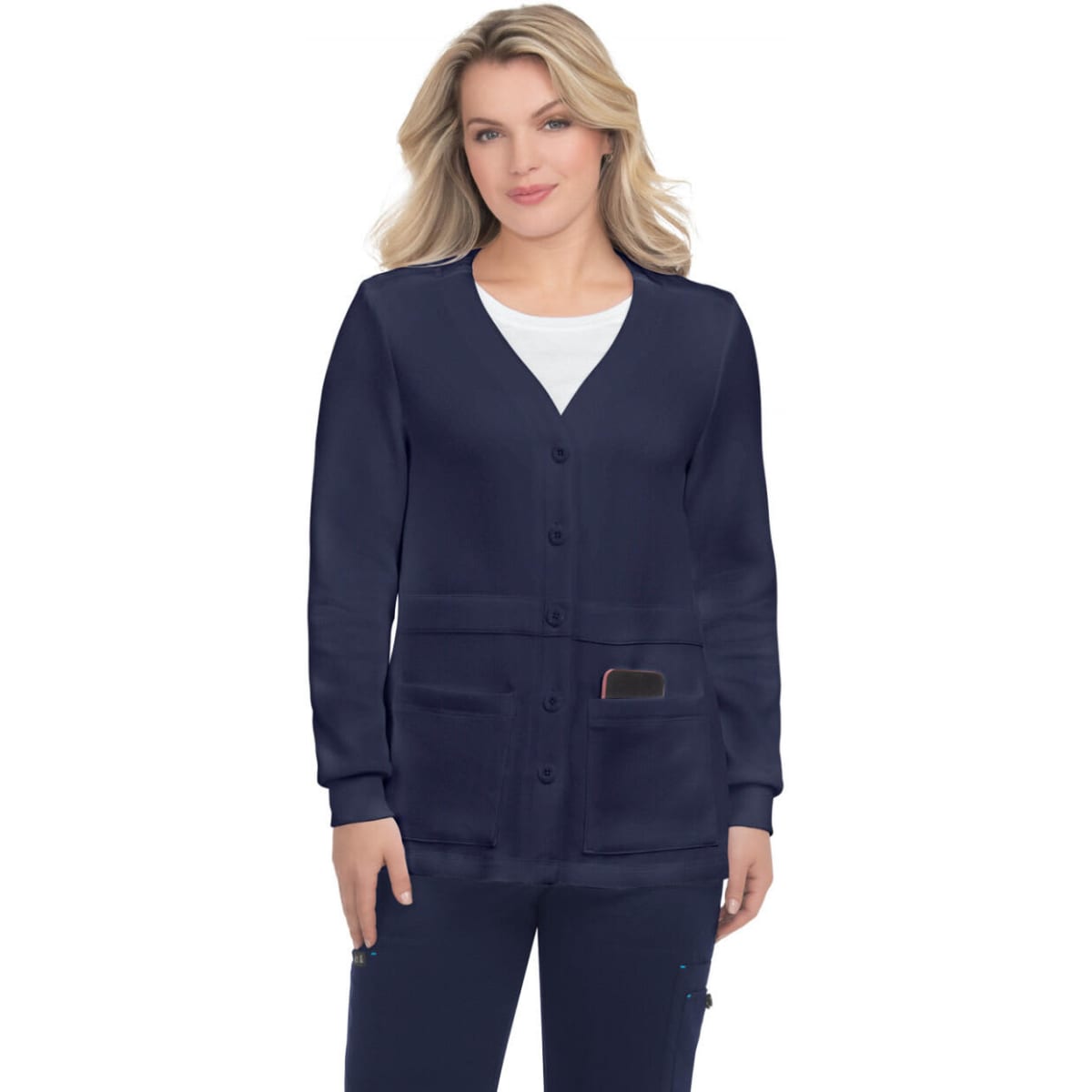 A navy Clarissa sweater with a button-up front and pockets, featuring a logo on the left side.
