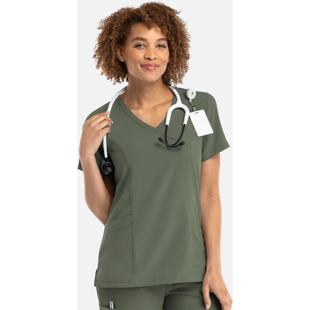 A mock wrap top in olive green, featuring a V-neck and fitted design, with a stethoscope around the model's neck.