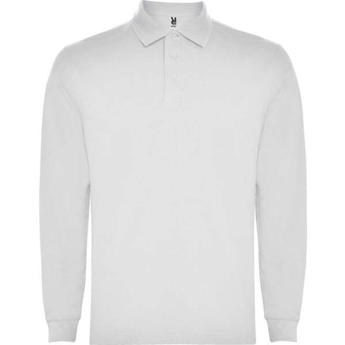 A long-sleeved, white polo shirt featuring a collar and a logo.