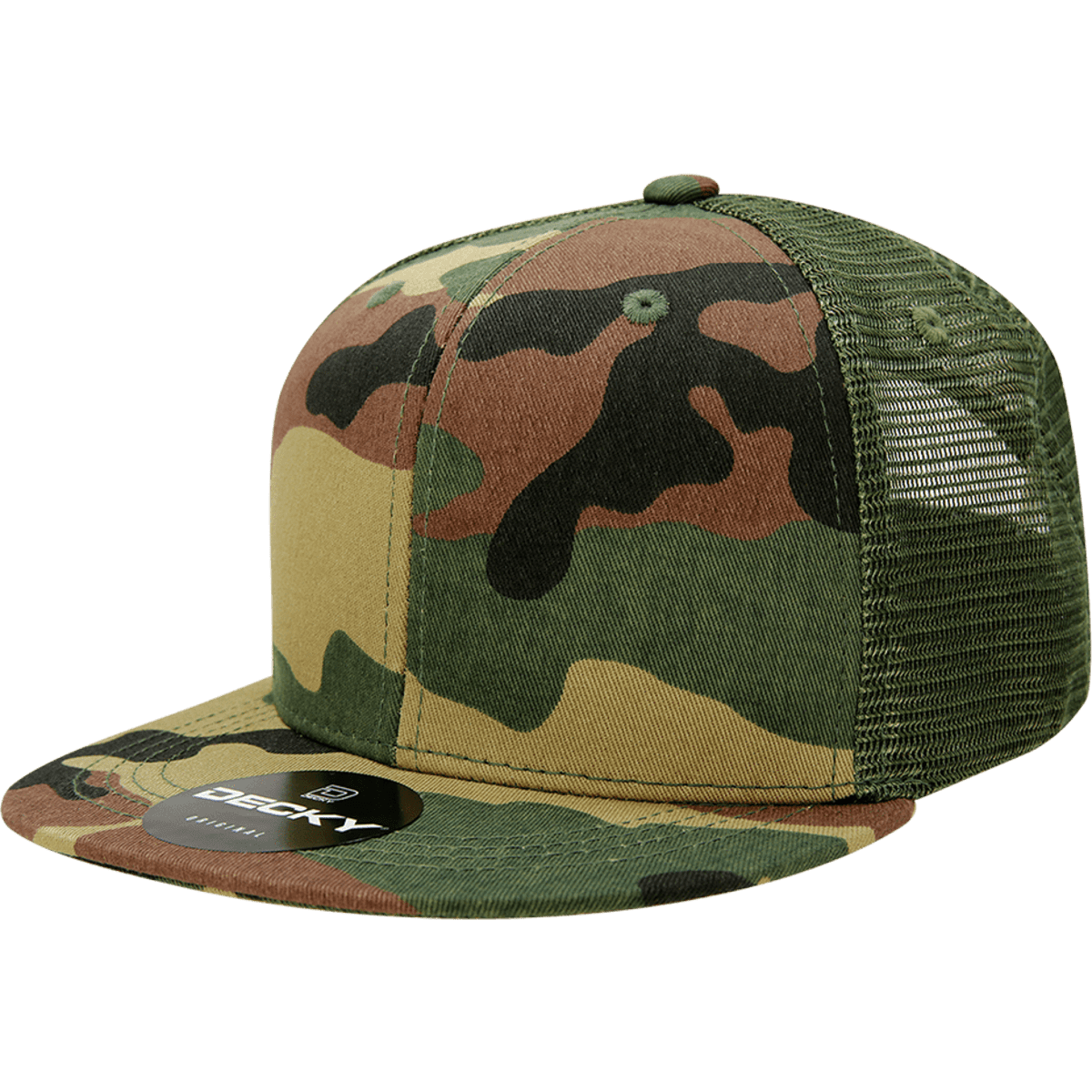 A high-profile structured trucker cap in a camo pattern, featuring a mesh back and a logo on the front.