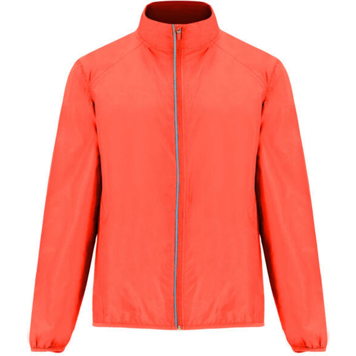 A lightweight windbreaker jacket in bright red with a full zip and elastic cuffs. It features a logo.