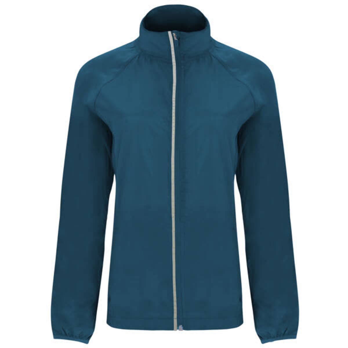 A lightweight windbreaker in deep teal, featuring long sleeves and a zippered front, with a logo present.