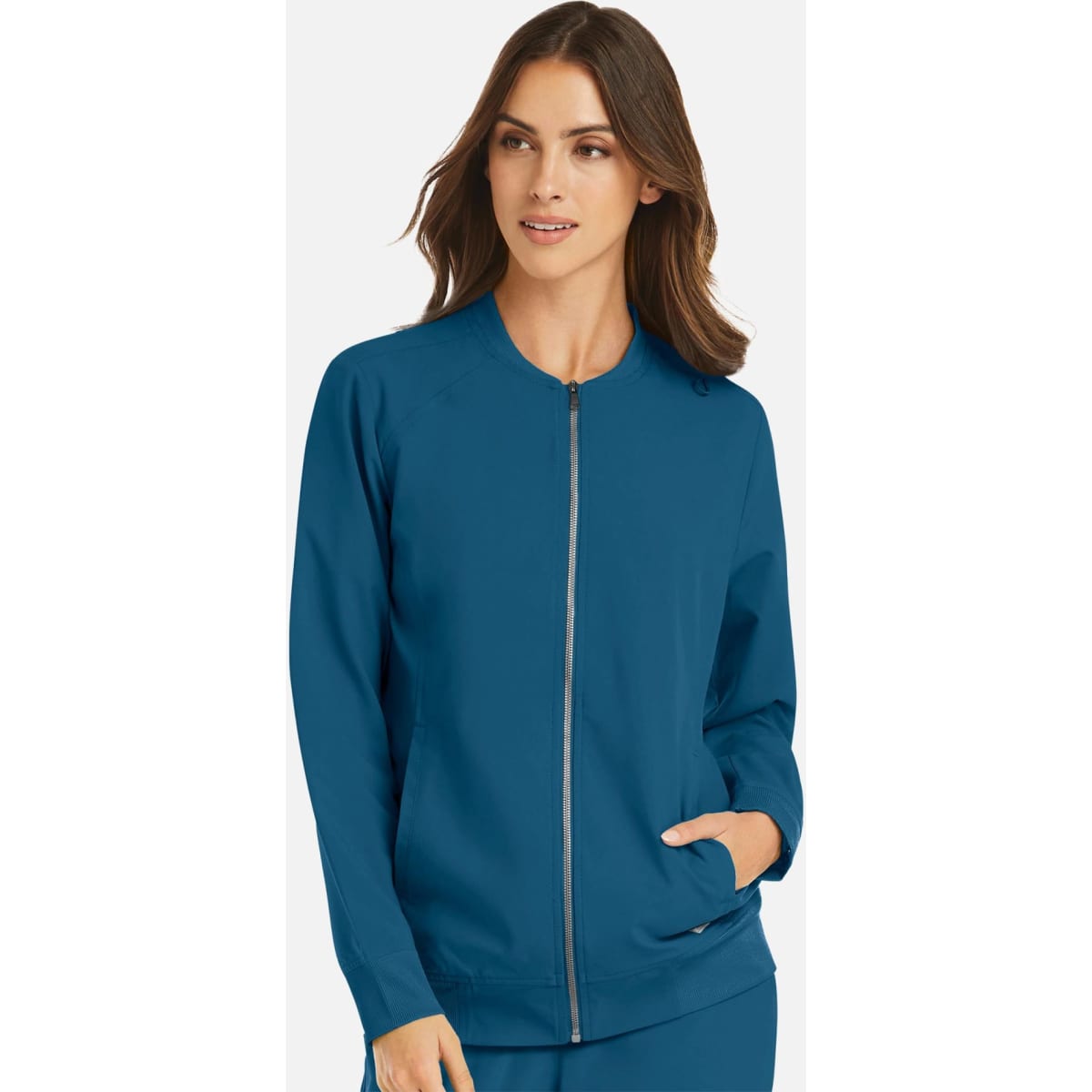 A women's full zip bomber jacket in a rich teal colour, featuring a sleek design and zip closure.