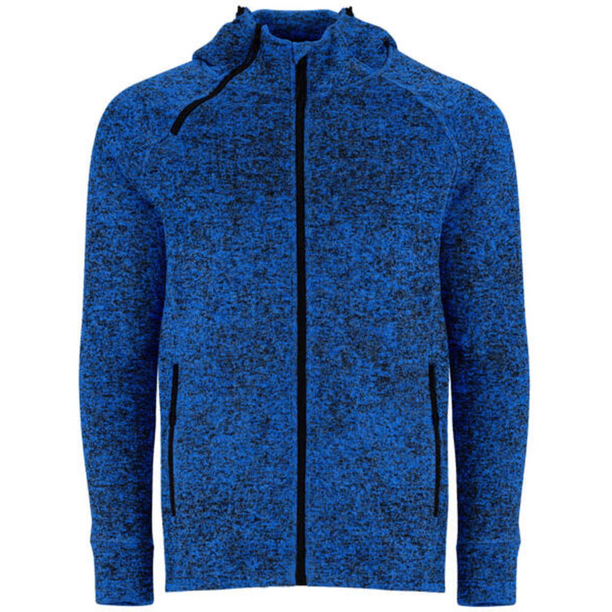 A blue Everest Sweat Jacket featuring a zip front, two side pockets, and a hood, with a textured fabric design.