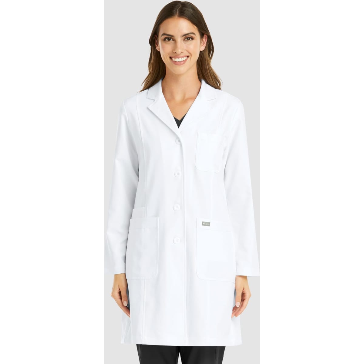 A white women's full-length lab coat with a button front, featuring two pockets and a branded logo.