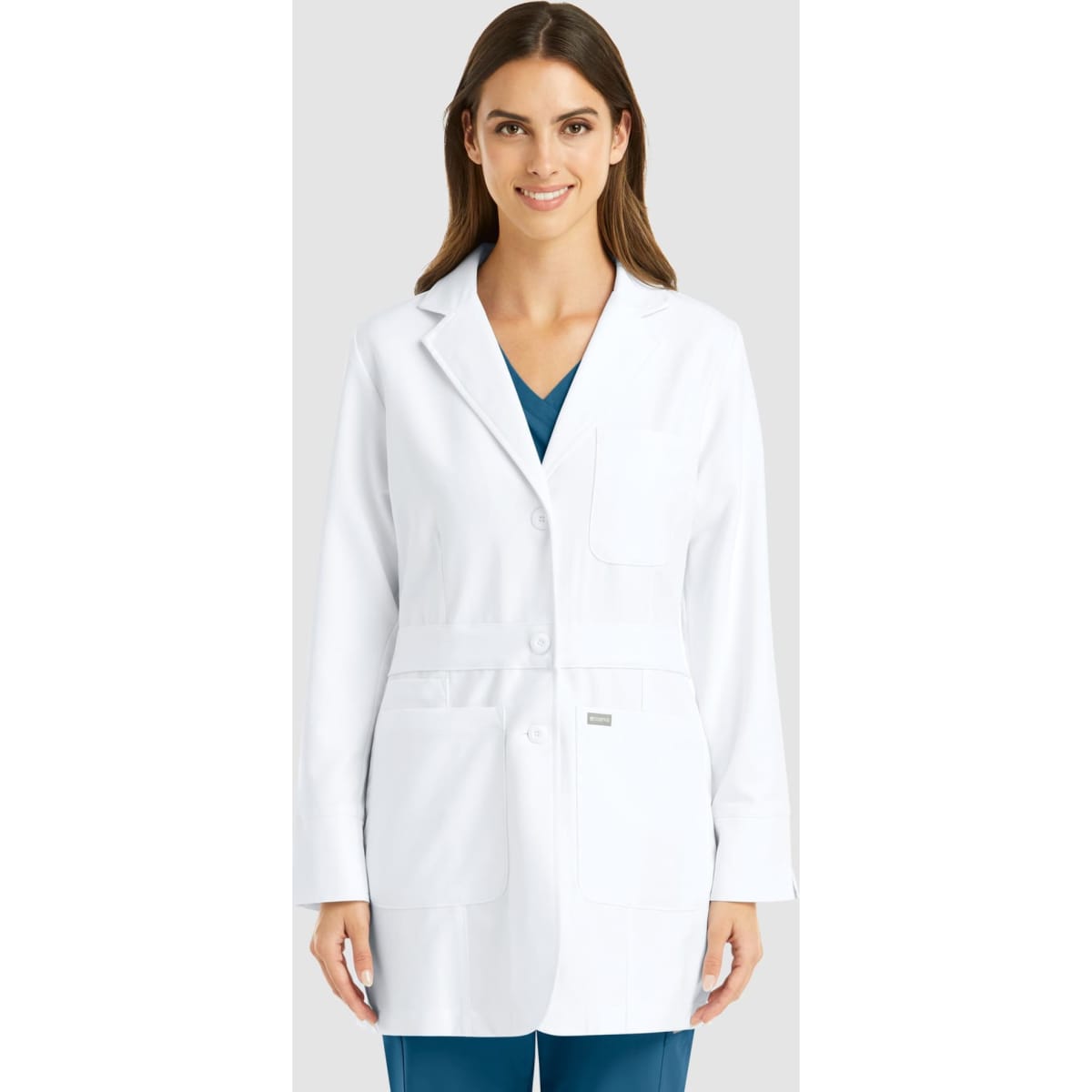 A white mid-length lab coat with a pocket, featuring long sleeves and a button closure, worn by a smiling woman.