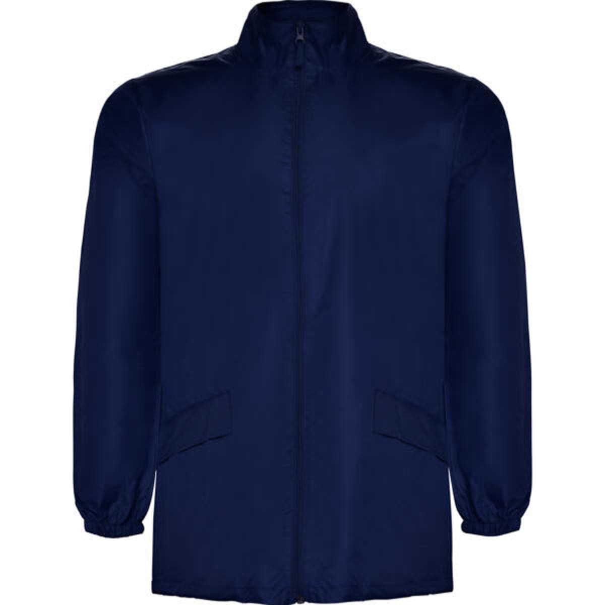 A navy blue jacket featuring a zip front and long sleeves, with side pockets and an accompanying logo.