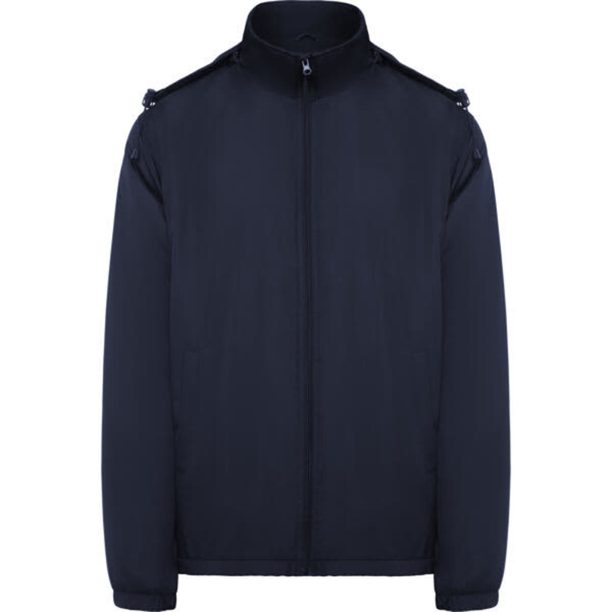 A navy water-repellent jacket with a zip front and shoulder detailing. It features a logo.