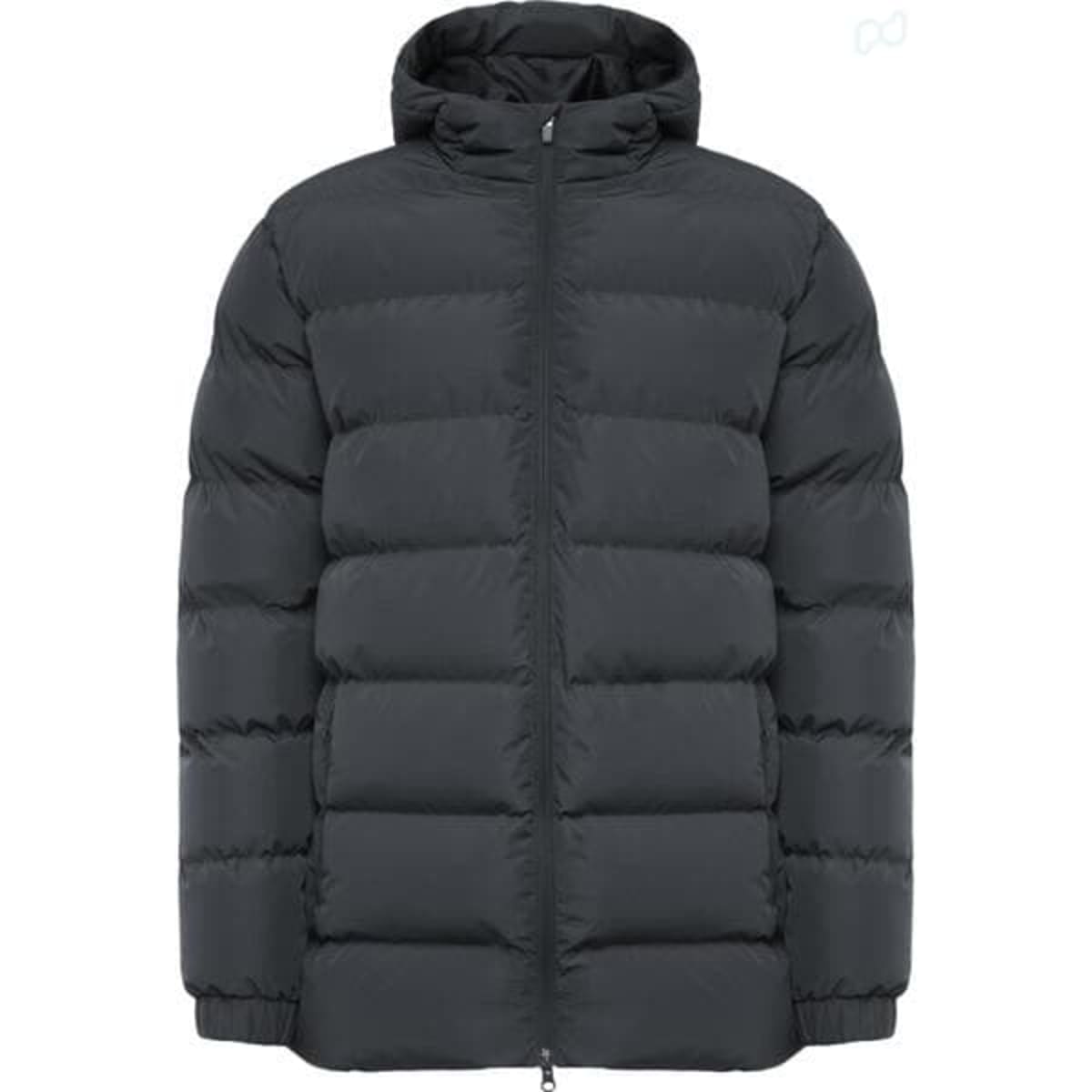 A water-repellent parka in dark grey, featuring a padded design and a hood. Includes a logo on the garment.