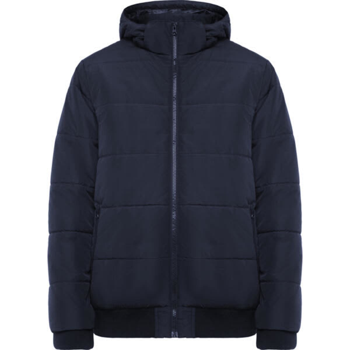A water-repellent jacket in navy blue with a hood, featuring a zip closure and puffer design. It has a logo on it.