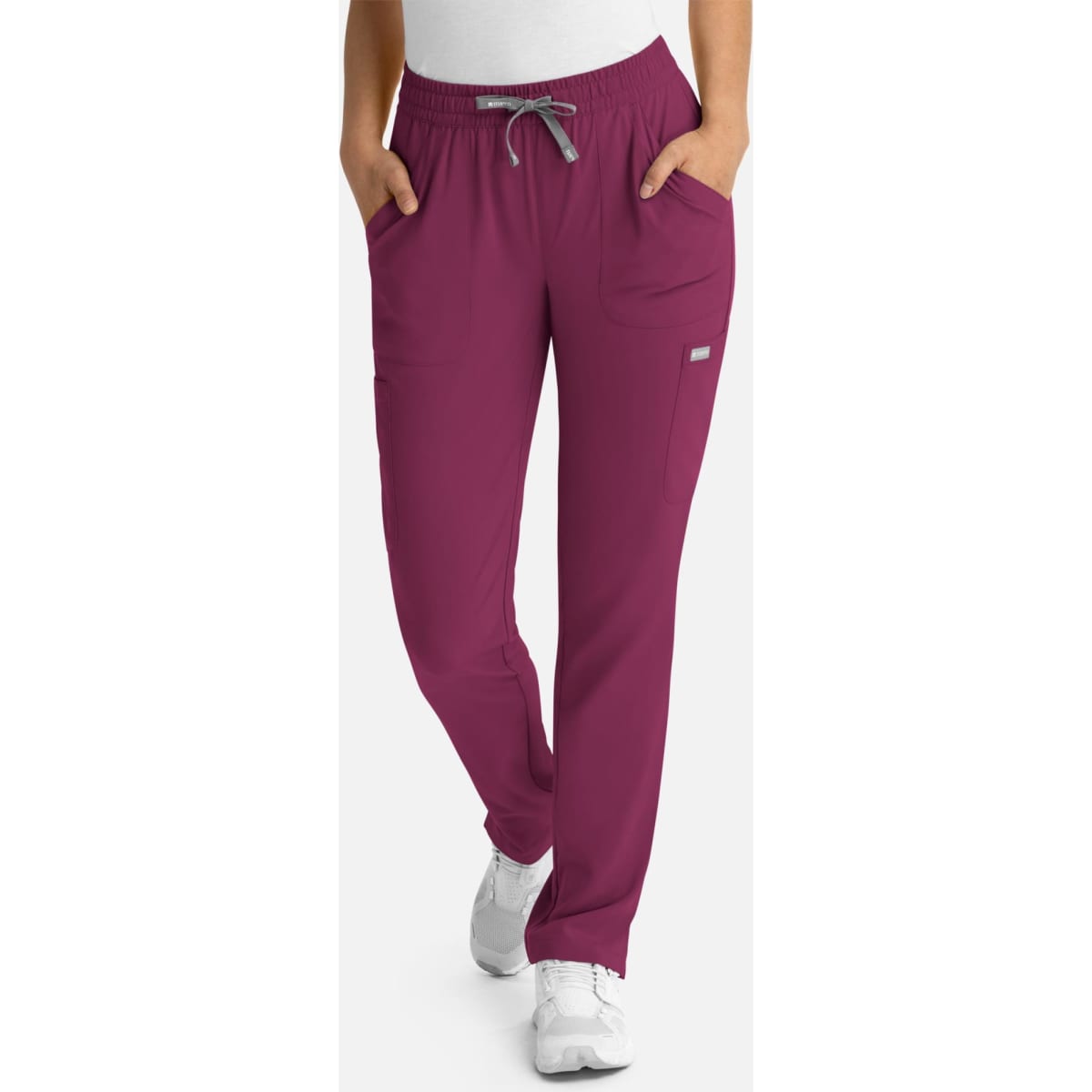 A pair of women's full elastic pull-on pants in a rich plum colour, featuring pockets and a drawstring waistband.