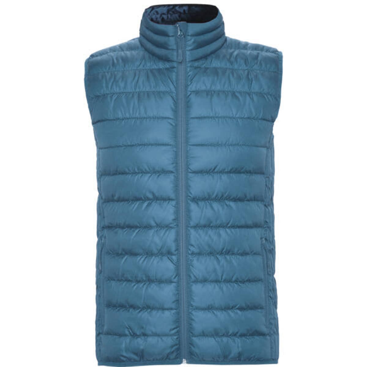 A padded vest in a deep blue colour featuring a zip front and a high collar. It has a logo on the chest.
