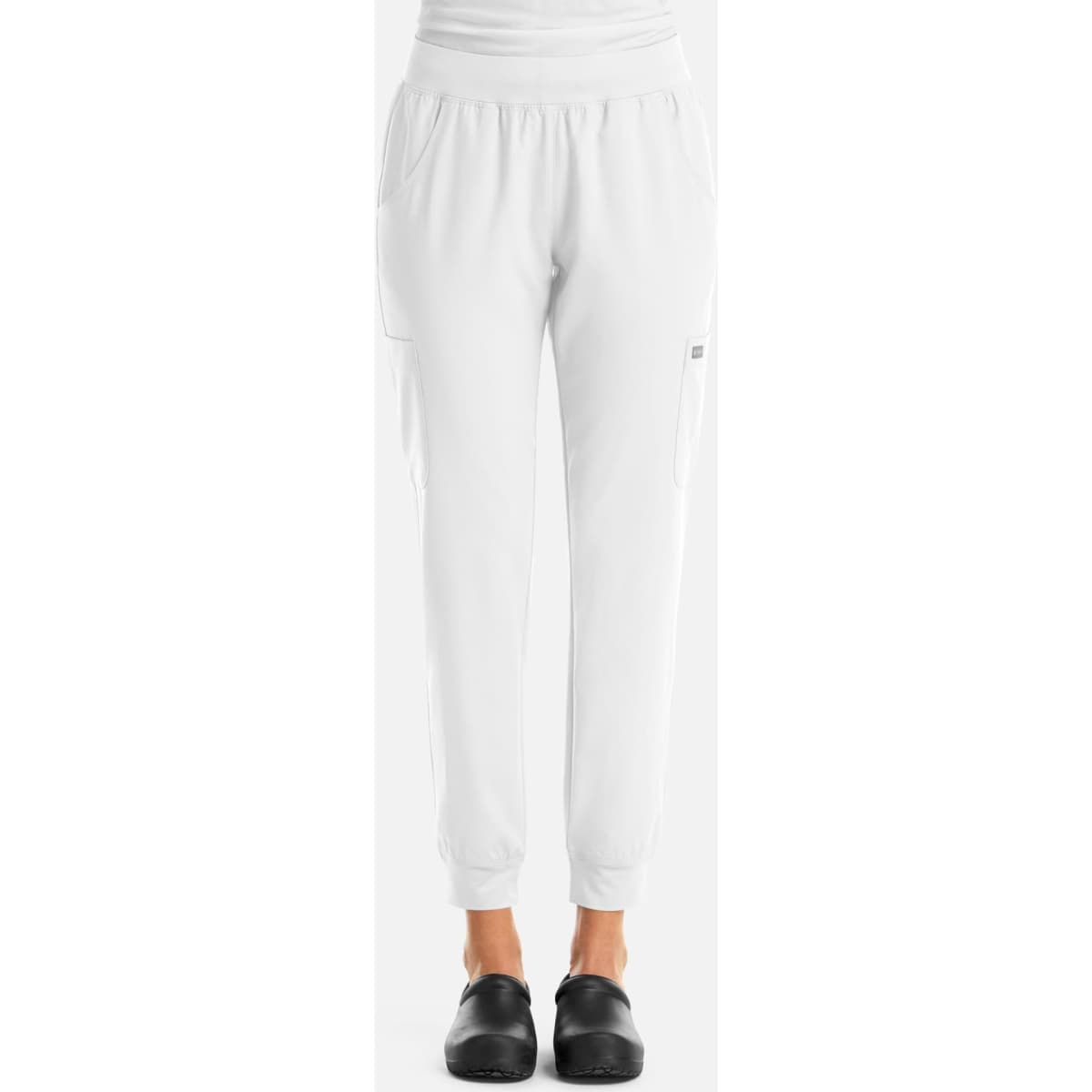 A pair of white jogger pants with an elastic waistband and side pockets, featuring a small logo.