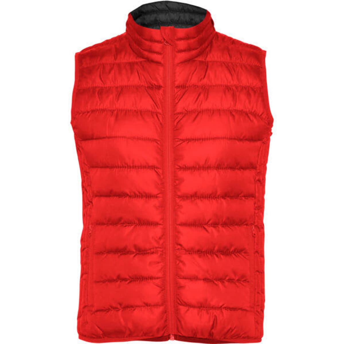 A red padded vest with a high collar and zip front, featuring a black interior lining.