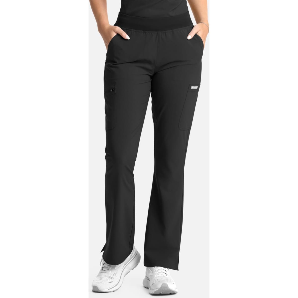 A pair of women's black flare leg pants with an elastic waistband, featuring pockets and a simple logo.