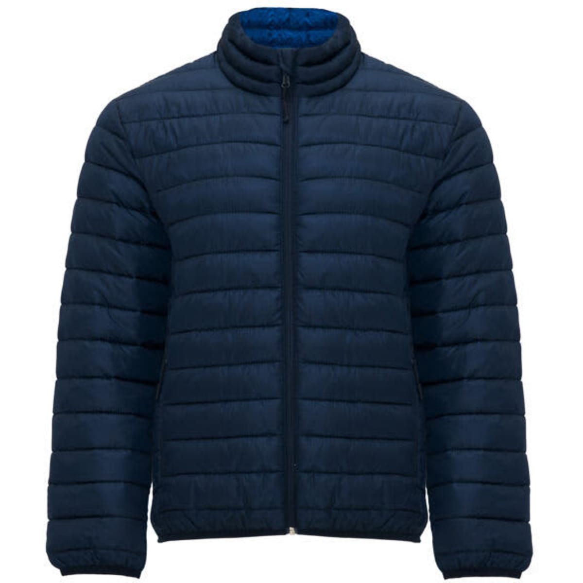 A navy waterproof jacket features a zip front and a quilted design, with a blue interior lining and a branded logo.