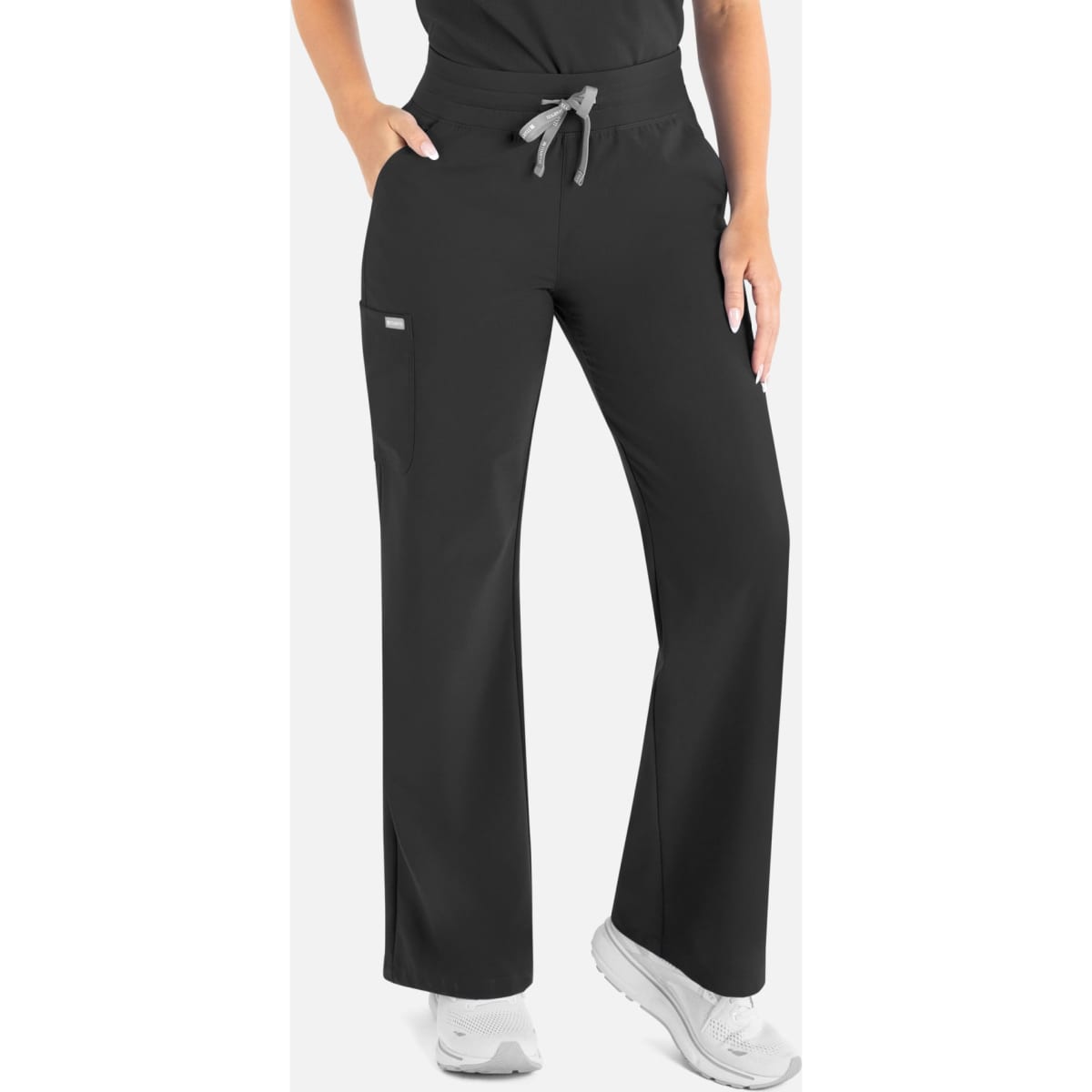 A pair of black wide-leg pants with a full elastic waist, featuring side pockets and a drawstring.
