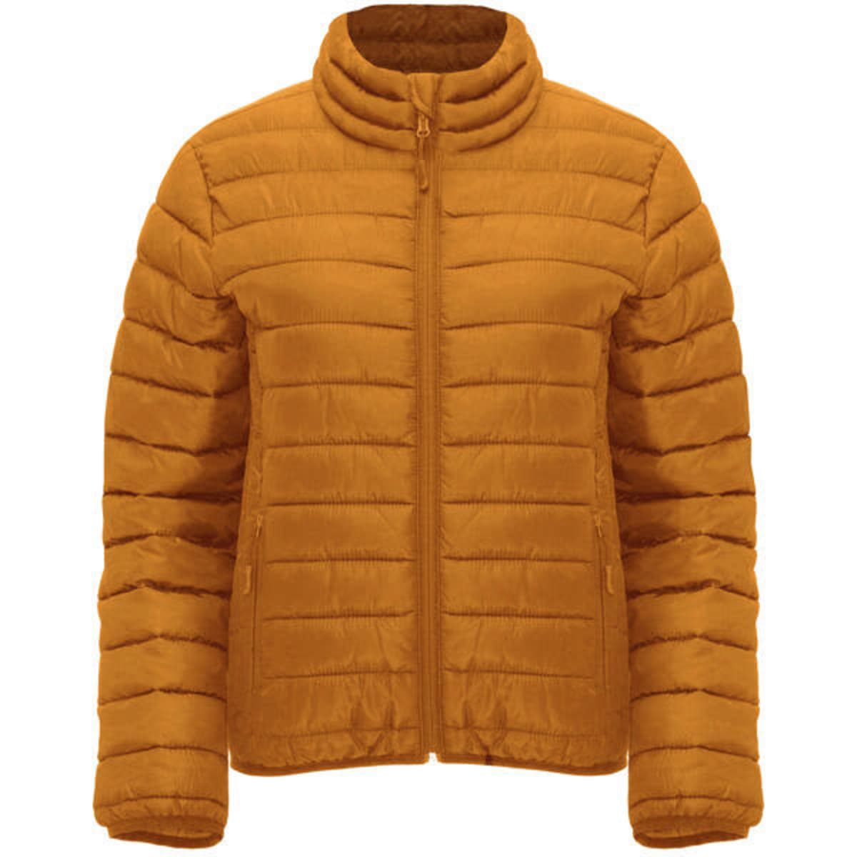 A women's waterproof jacket in a warm mustard yellow, featuring a zip front and stand-up collar. It has a simple logo.