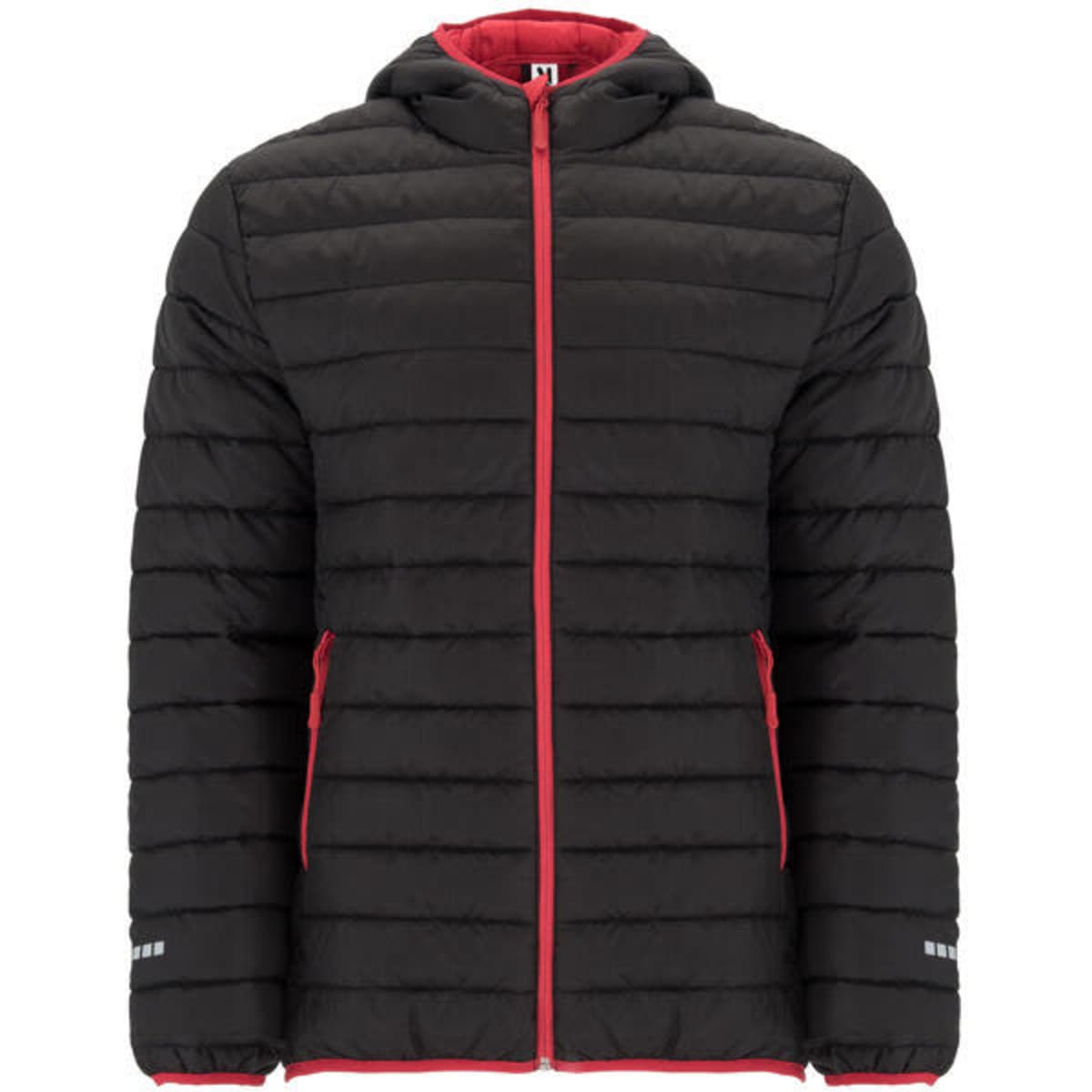 A black hooded parka with a quilted design and red accents, featuring side pockets and a logo.