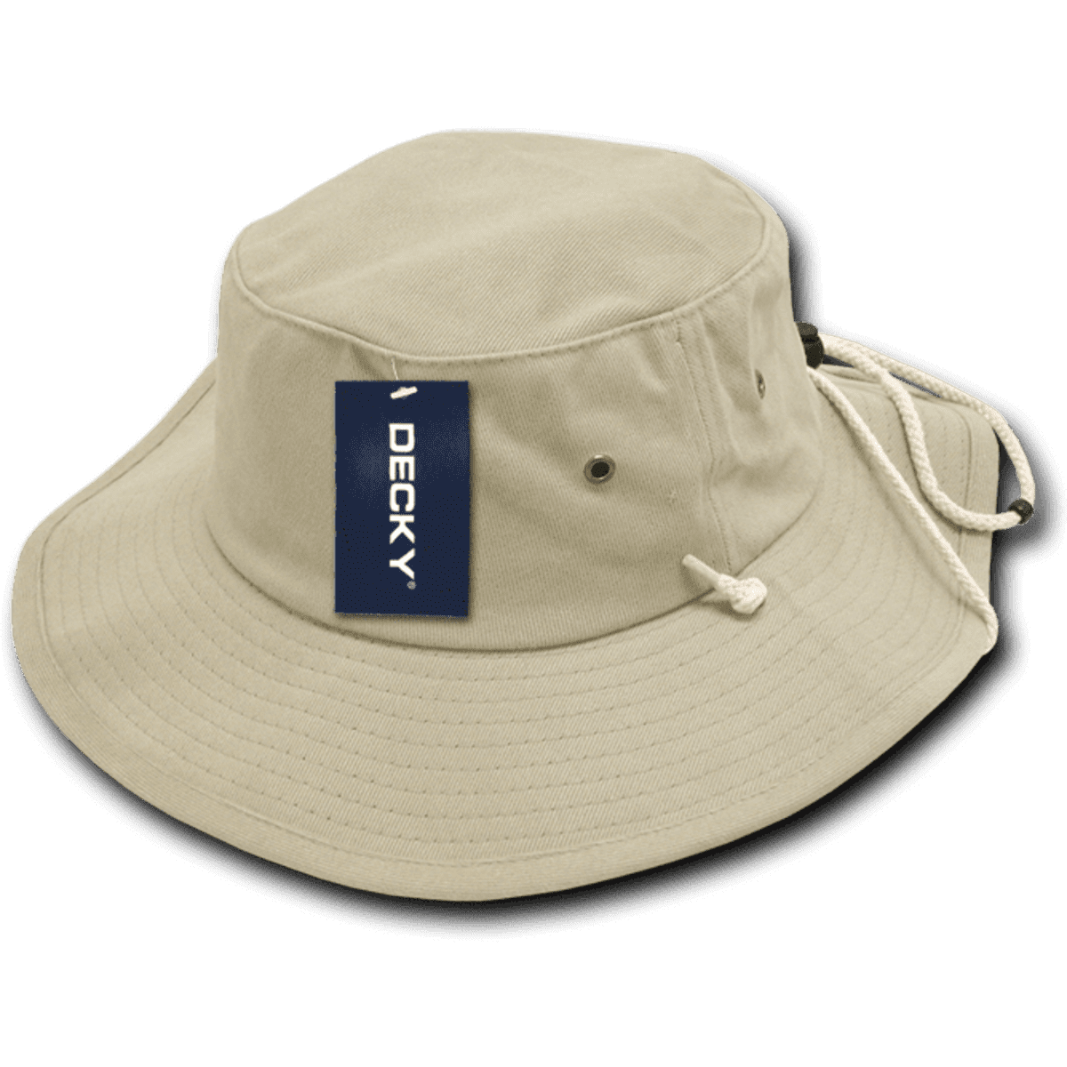 A structured Aussie hat in beige with a drawstring and a branding tag.