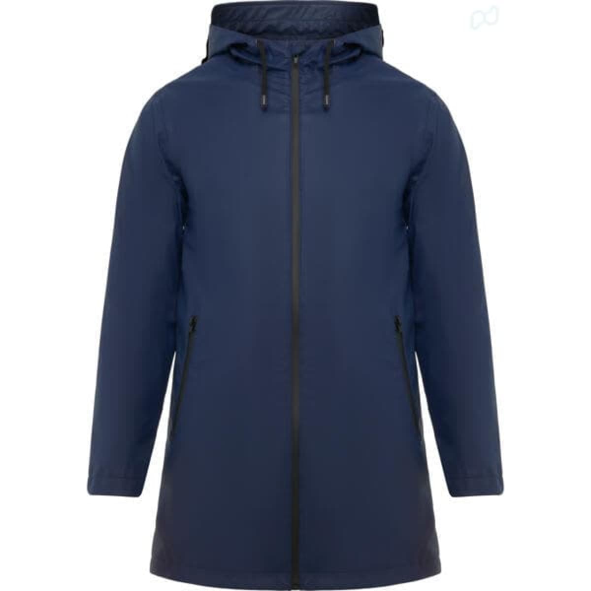 A navy waterproof raincoat featuring a hood, zippered front, and side pockets. It has a brand logo on it.