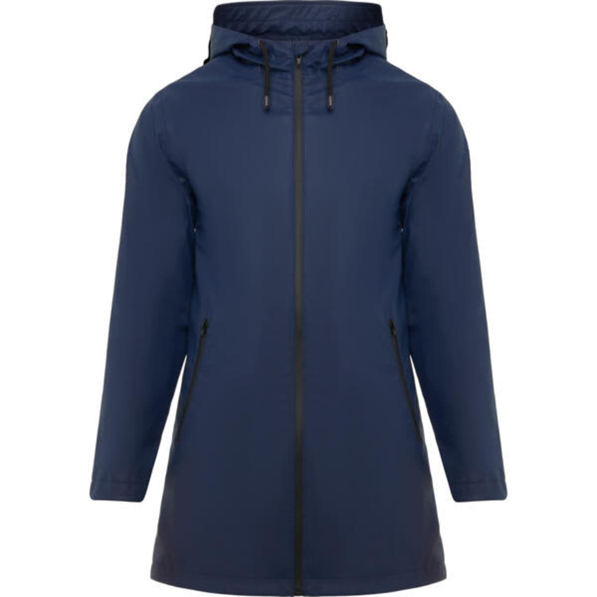 A waterproof raincoat in navy blue, featuring a hood and zippered pockets, with a logo on the design.