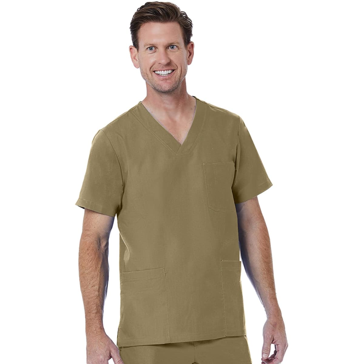 A men's V-neck top in khaki with a pocket and short sleeves, featuring a branding logo.