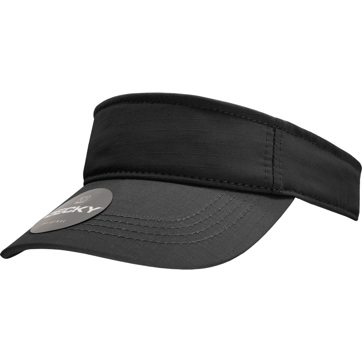 A black visor with a wide brim and adjustable band, featuring a logo on the front.