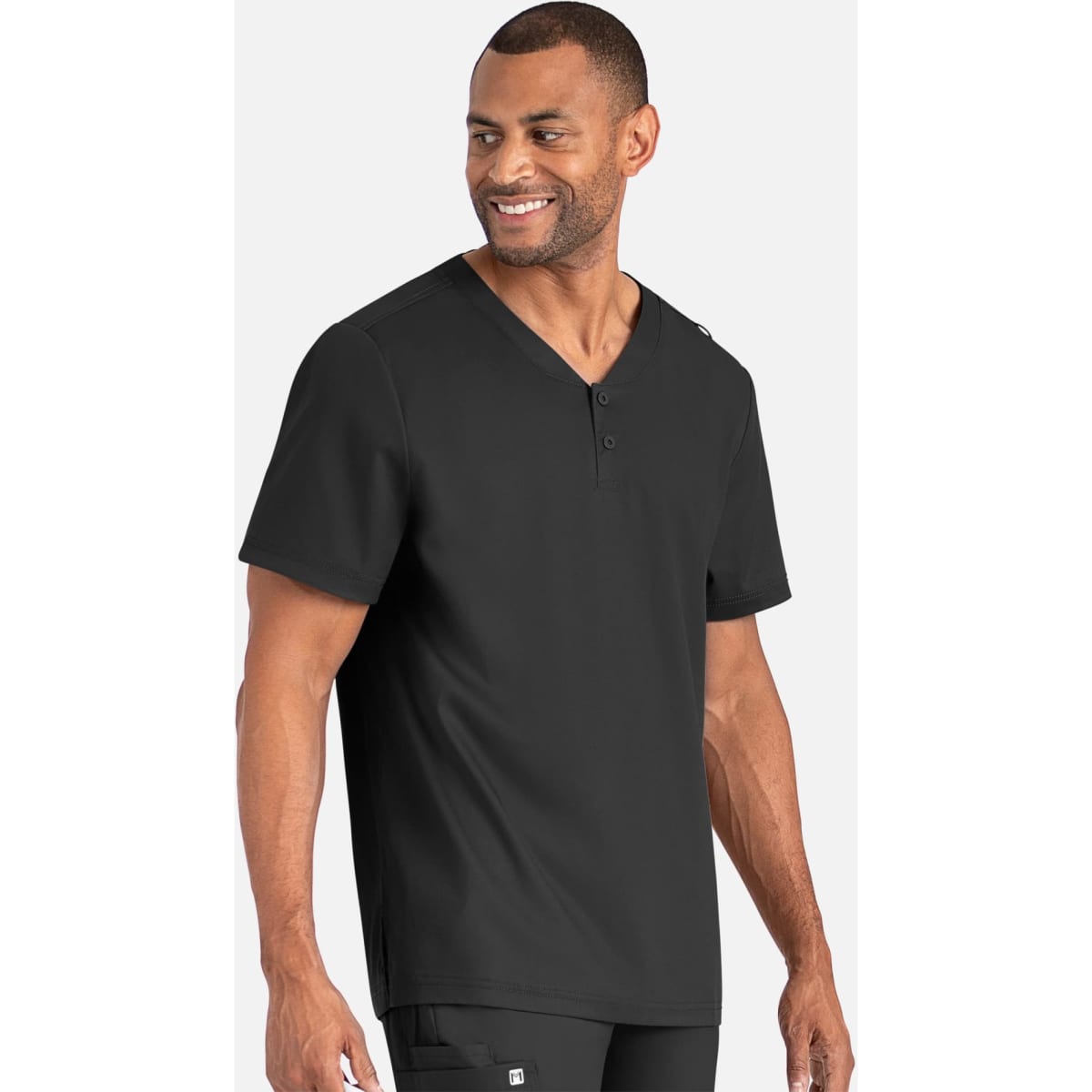 A men's black tuckable henley top featuring a buttoned neckline and short sleeves. Includes a logo on the chest.