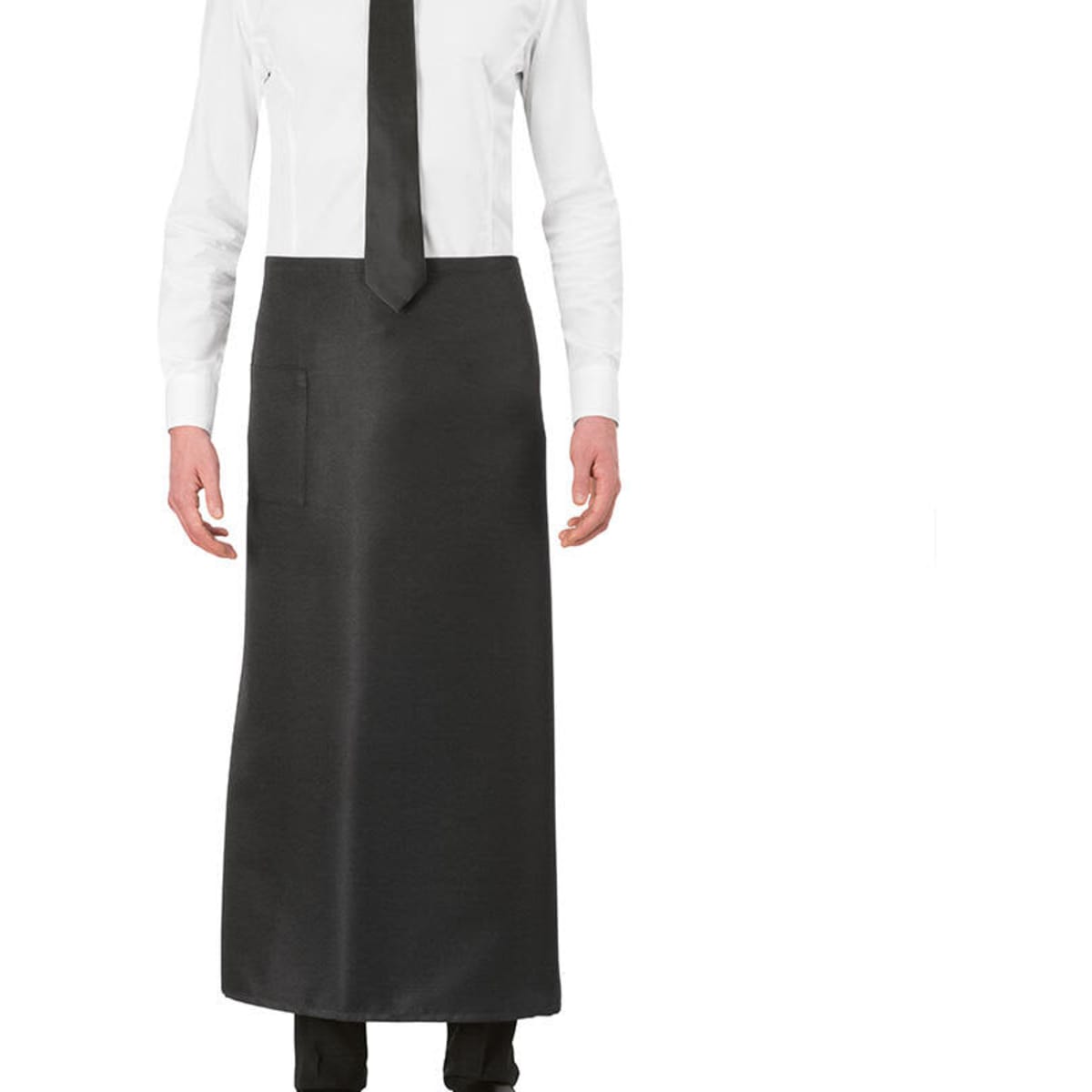 A black brasserie apron worn by a person dressed in a white shirt and black tie, with a pocket visible.