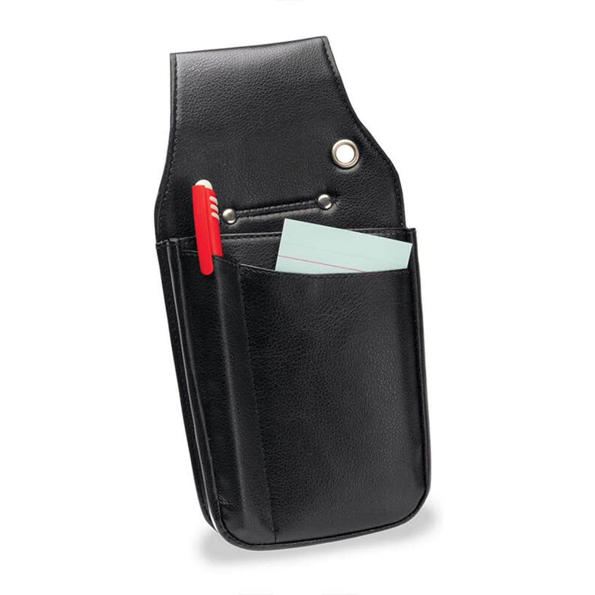A black pouch wallet with compartments for a pen and cards, featuring a stylish design and a snap button.