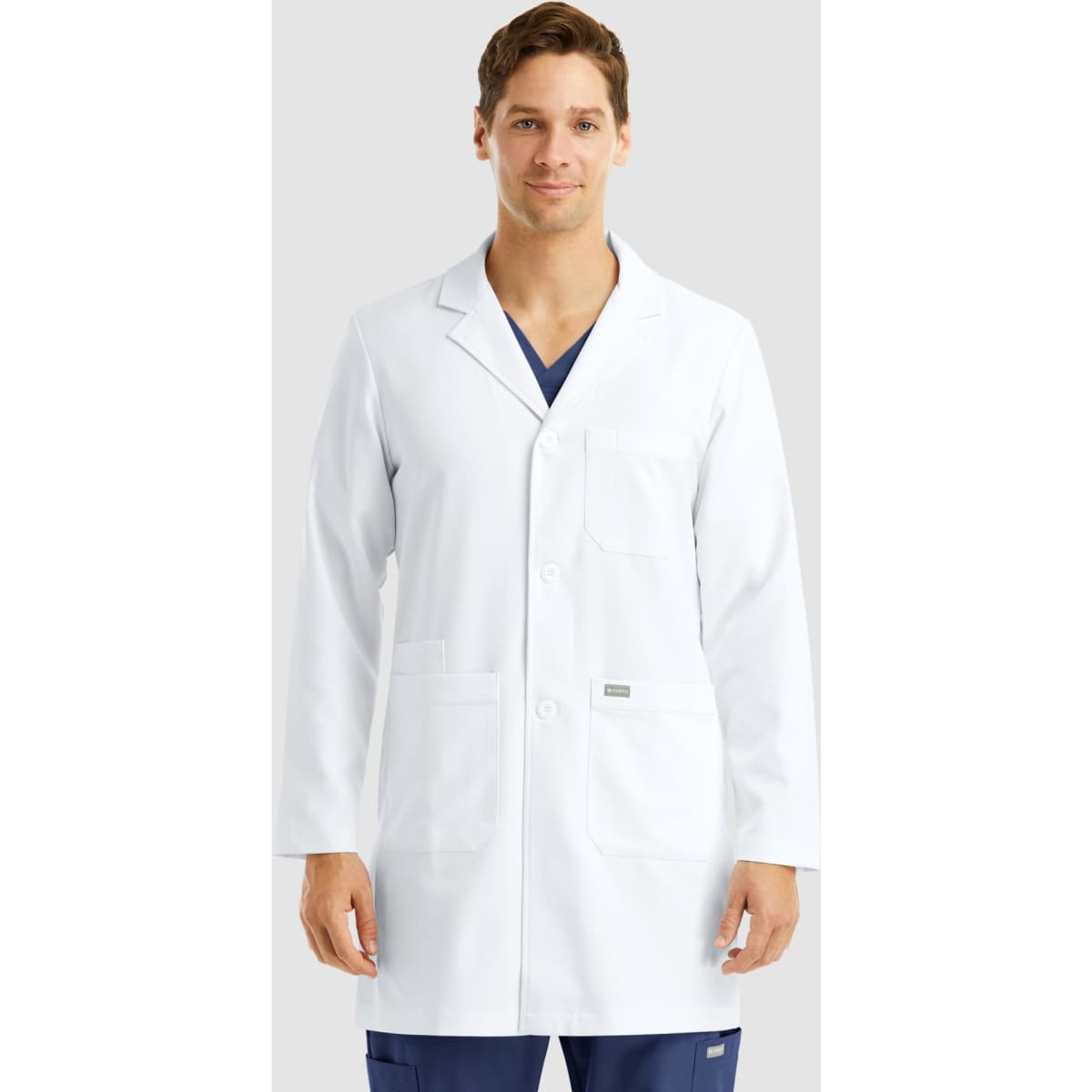 A mid-length white lab coat for men, featuring three pockets and a logo.