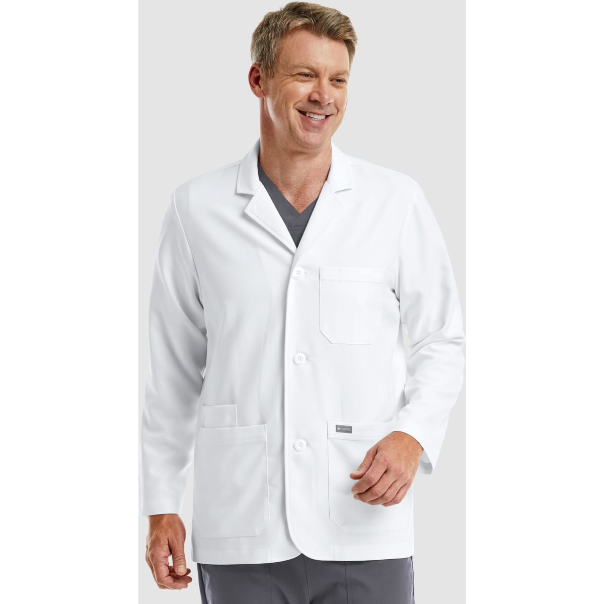 A white men's consultation lab coat with a single chest pocket and two side pockets, worn by a smiling male model.