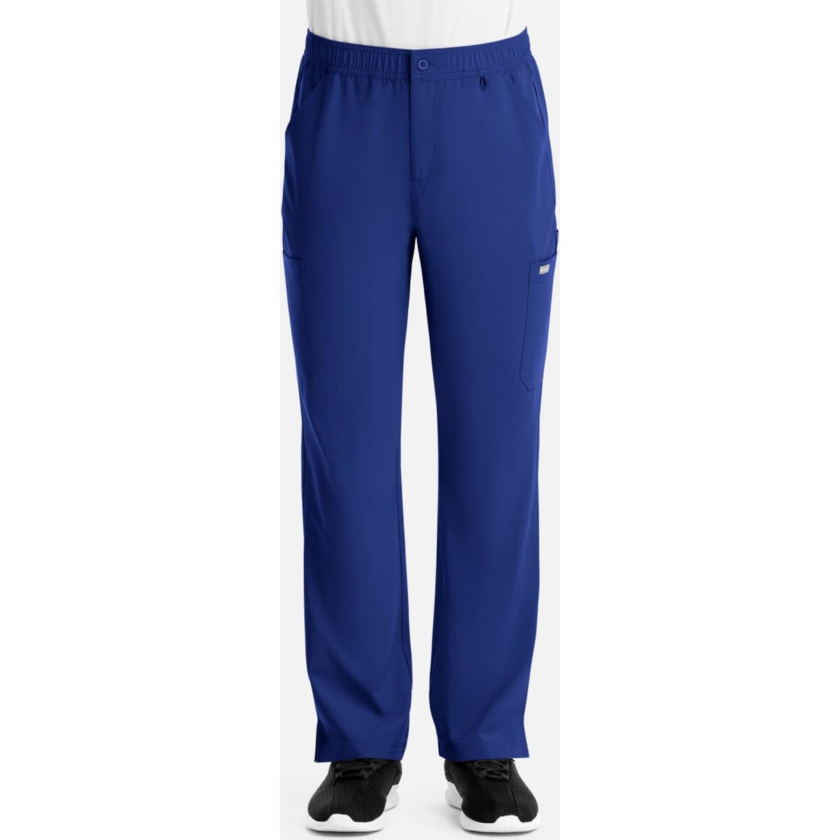 Bright royal blue men's cargo pants with an elastic waistband and multiple pockets, featuring branding.