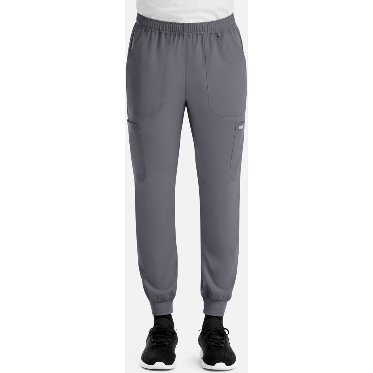 Full elastic joggers in grey with side pockets and elasticised cuffs, featuring a logo on the left leg.