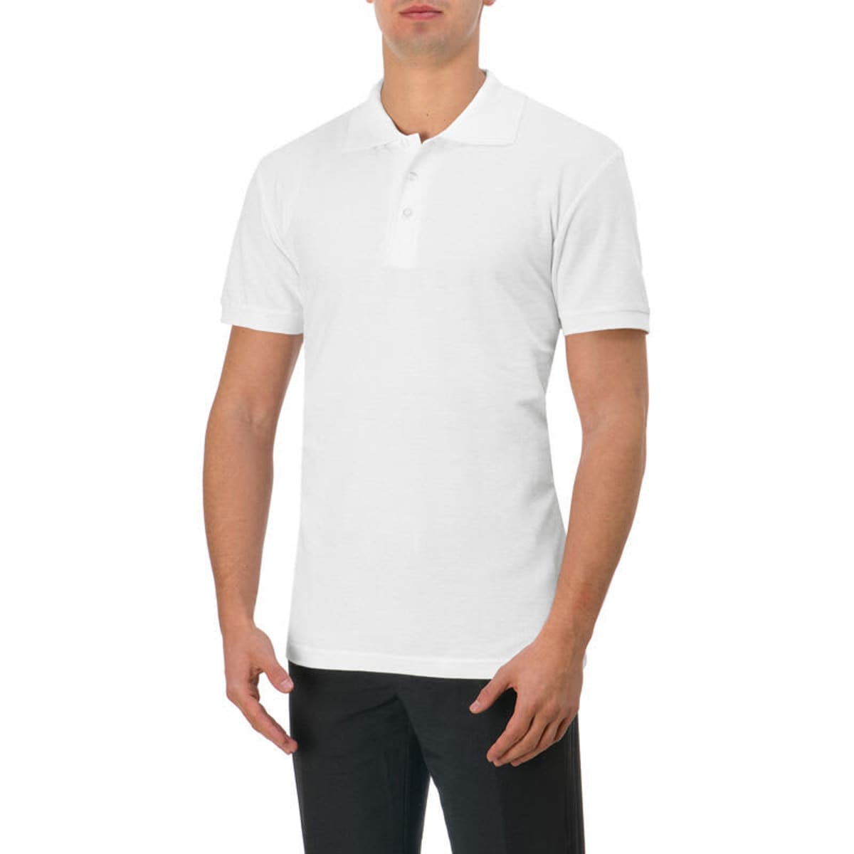 A white polo shirt displayed on a male model, featuring a collar and short sleeves. The model stands with hands at his sides.