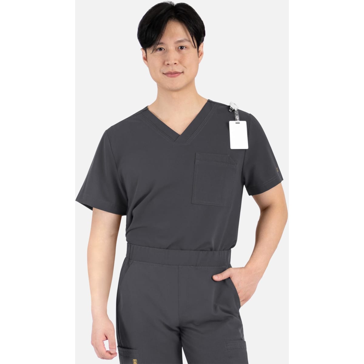 A plain grey men's V-neck top featuring short sleeves and a chest pocket, with a tag attached.