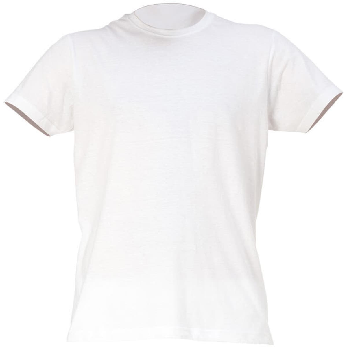 A white t-shirt with contrasting coloured cuffs. The shirt has a round neckline and short sleeves.
