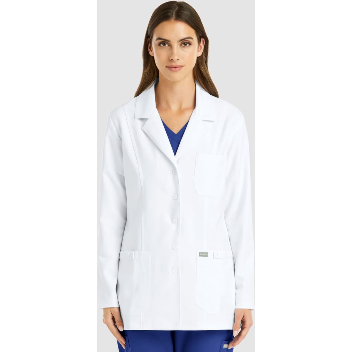 A white women's lab coat with a pocket, featuring long sleeves and a tailored fit.