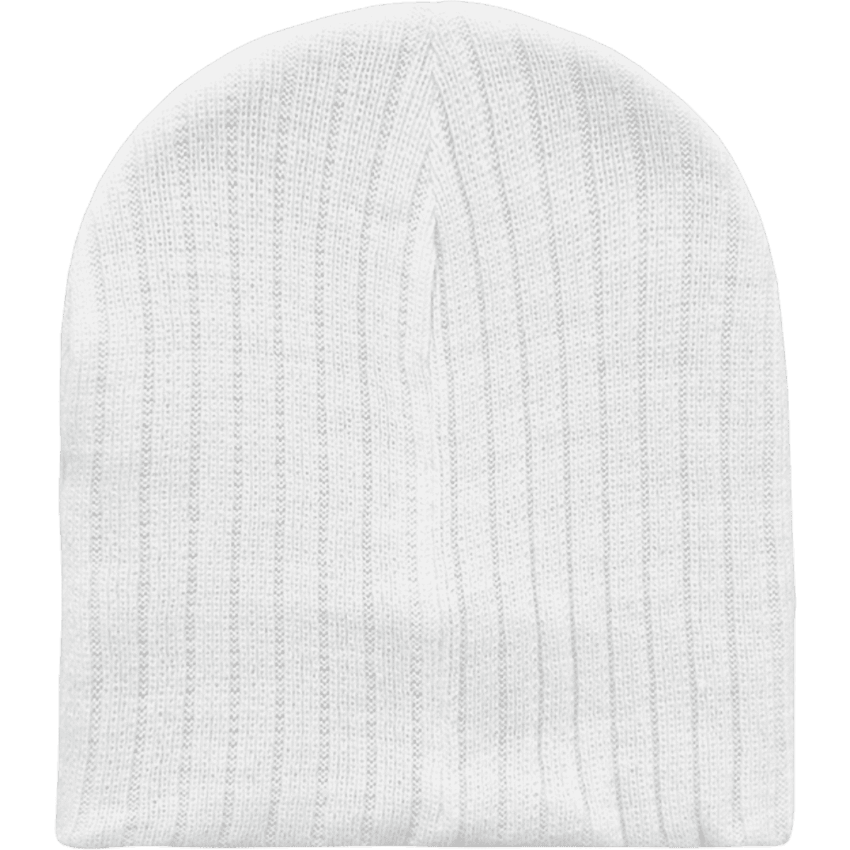 A white ribbed beanie with a soft texture and a logo at the base.