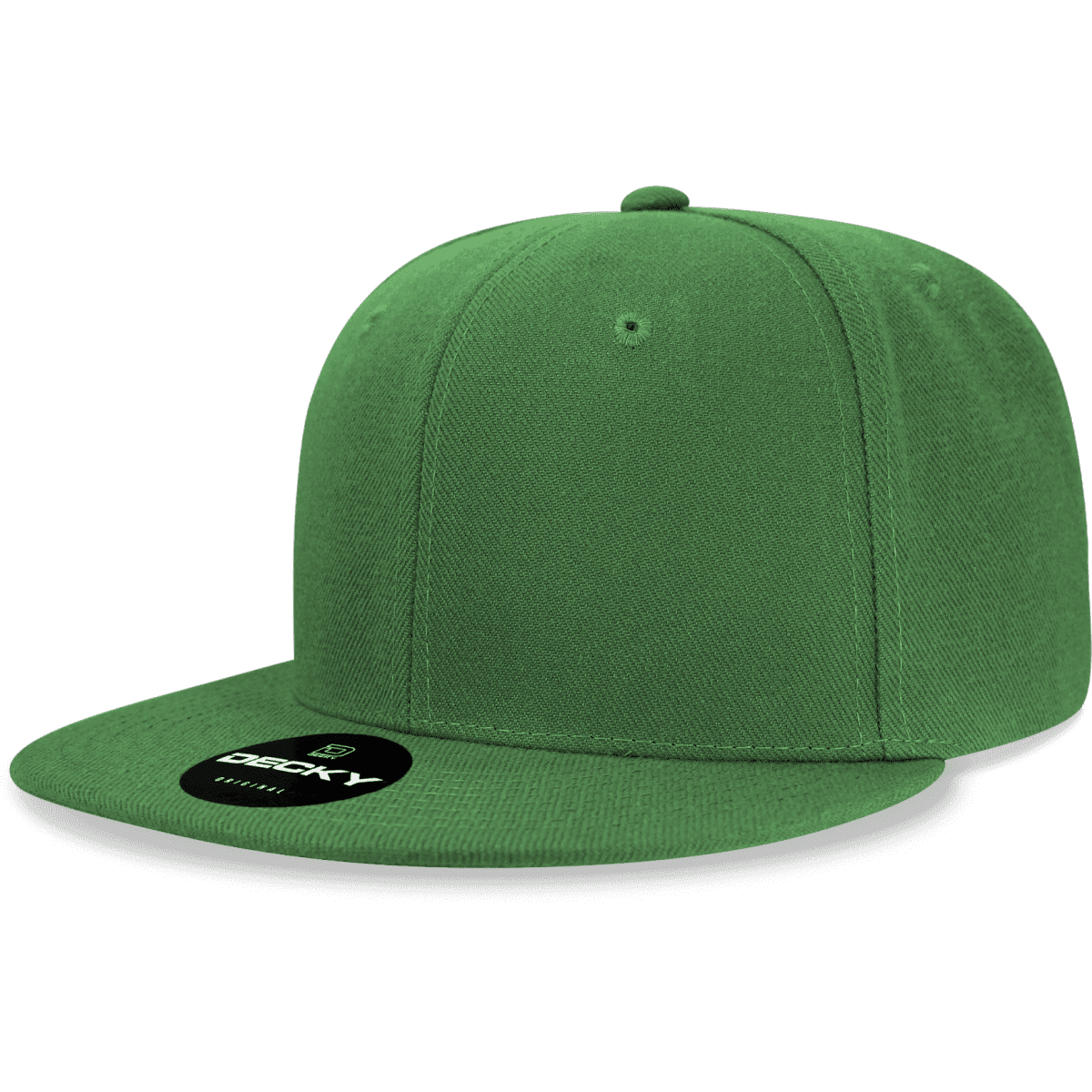 A green 6 panel high profile structured snapback cap with a flat brim and a logo on the front.