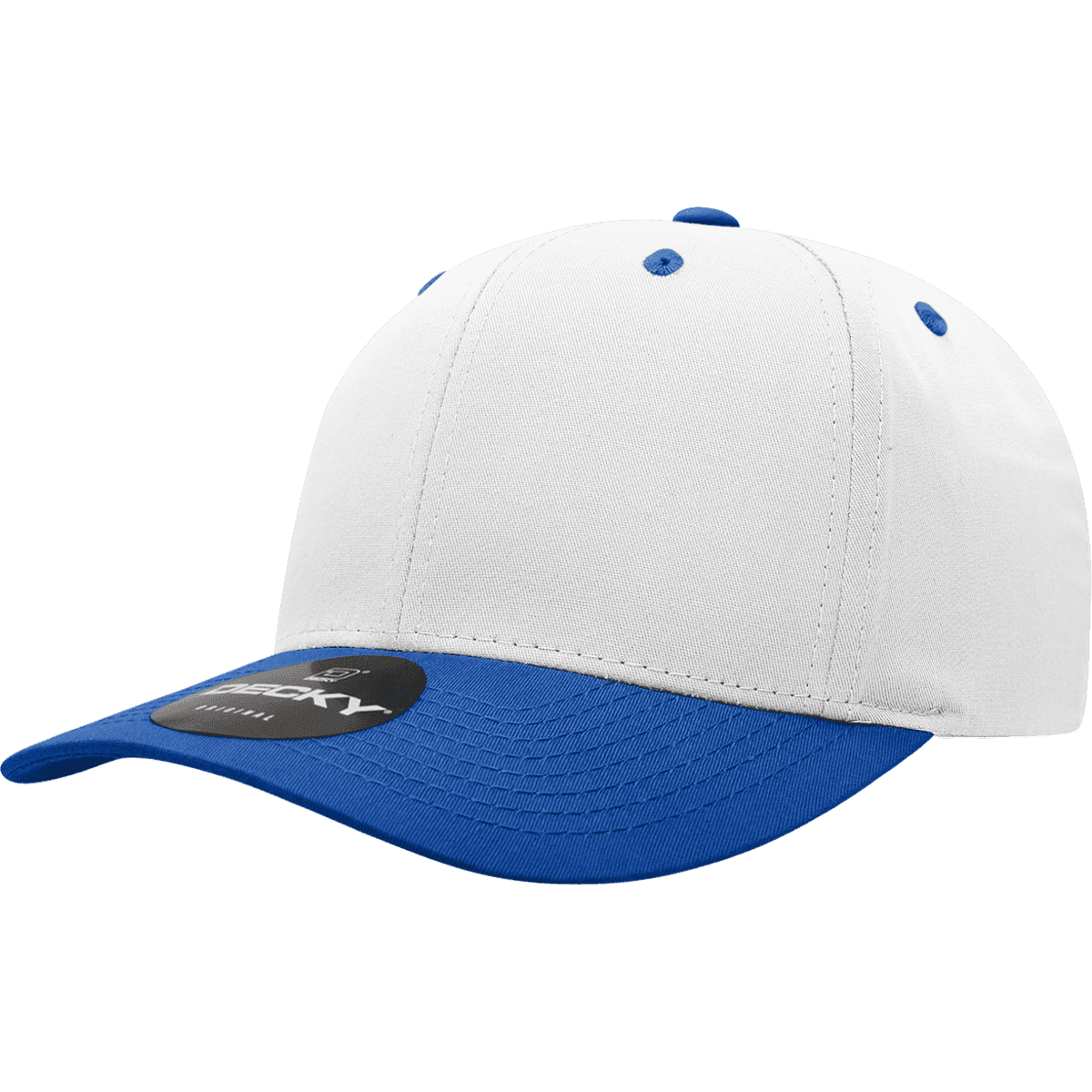 A structured 6 panel cap featuring a white body and a blue peak, with a logo on the front.