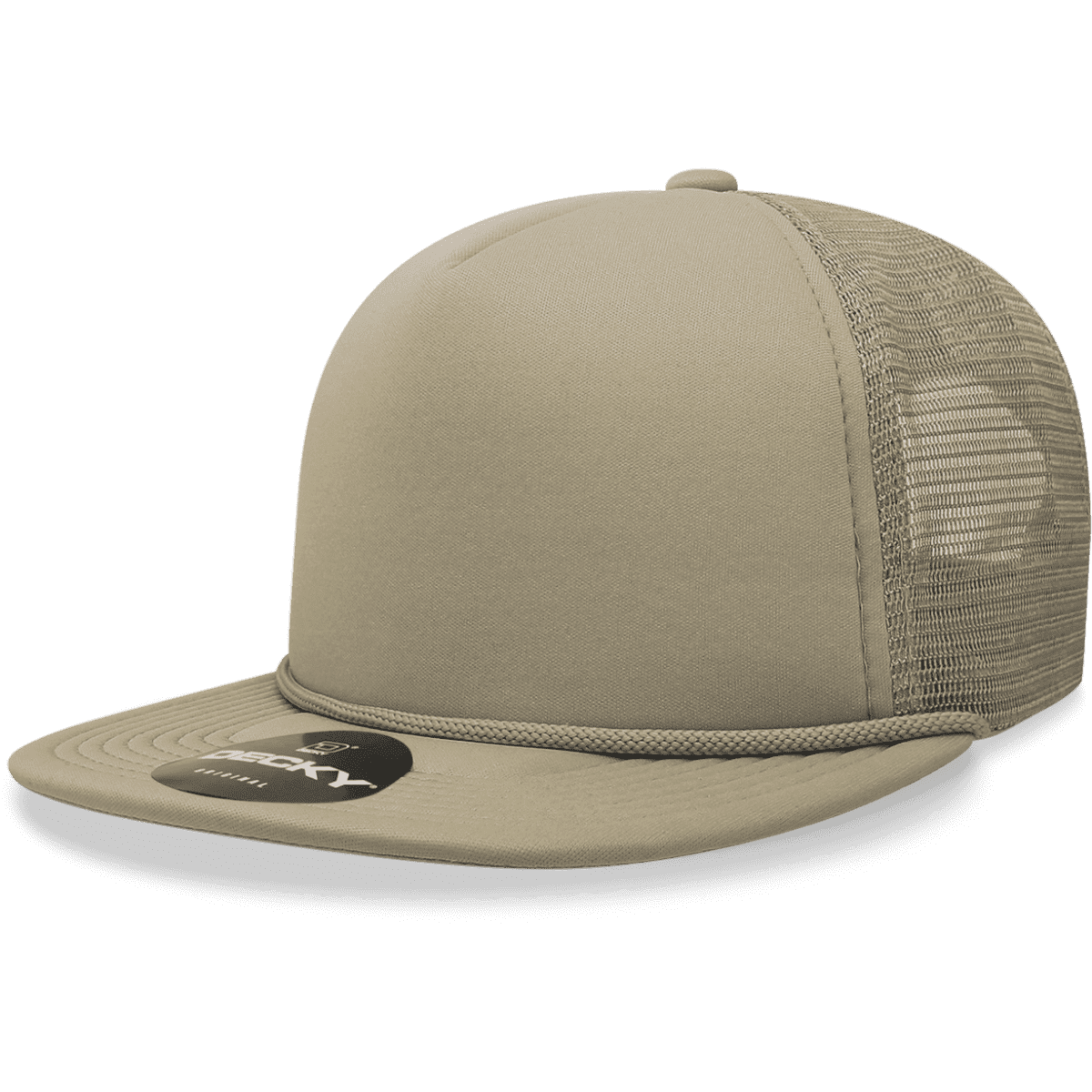 A high-profile structured foam trucker cap in beige with a mesh back and a branded tag.