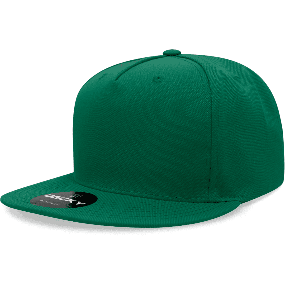 A green 5-panel high profile snapback hat with a structured design and a logo on the side.