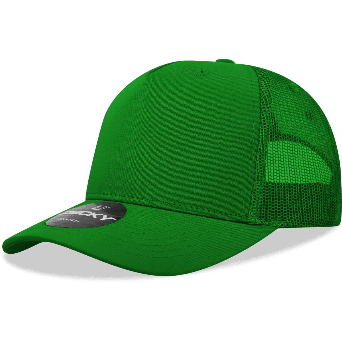 A bright green 5 Panel Mid Profile Structured Trucker cap with mesh panels and a logo.