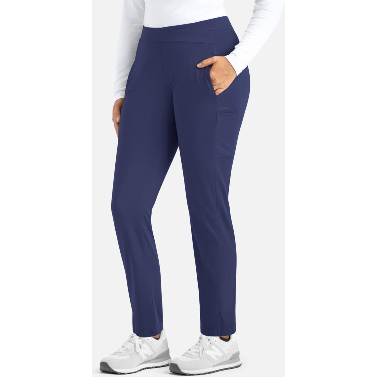 A pair of navy mid-rise tapered pants featuring side pockets and a logo on the waistband.