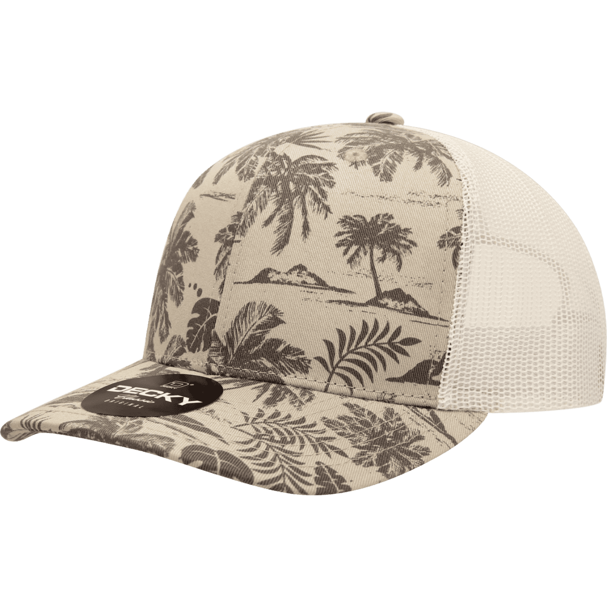 A beige tropical-patterned trucker cap with a structured mid-profile and mesh sides. Features a logo on the front.