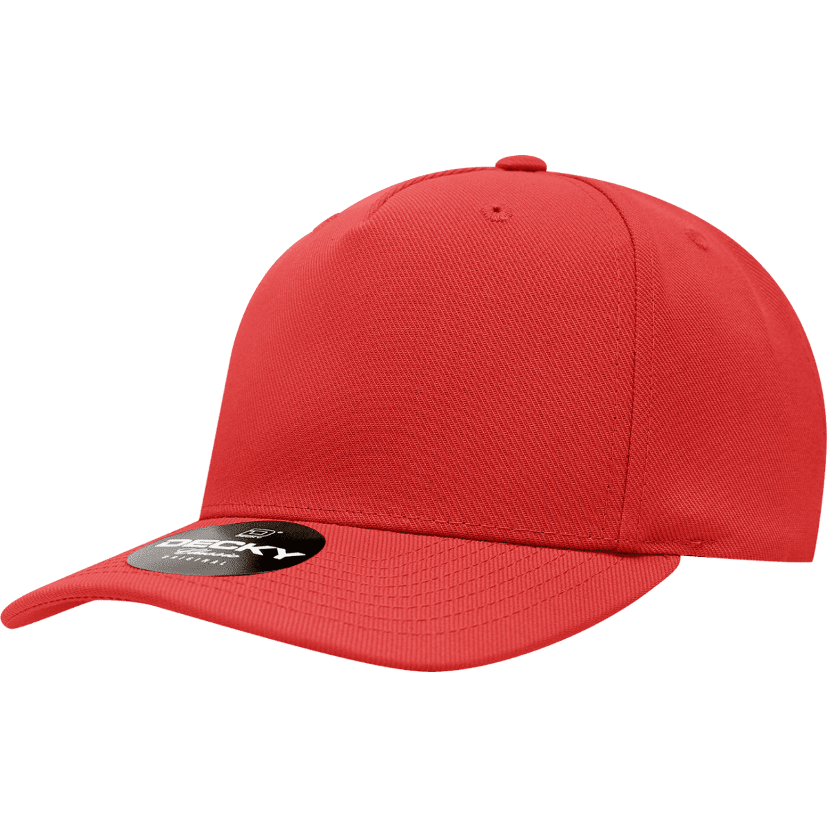 A red 5 panel mid profile structured cap with a circular logo on the brim.