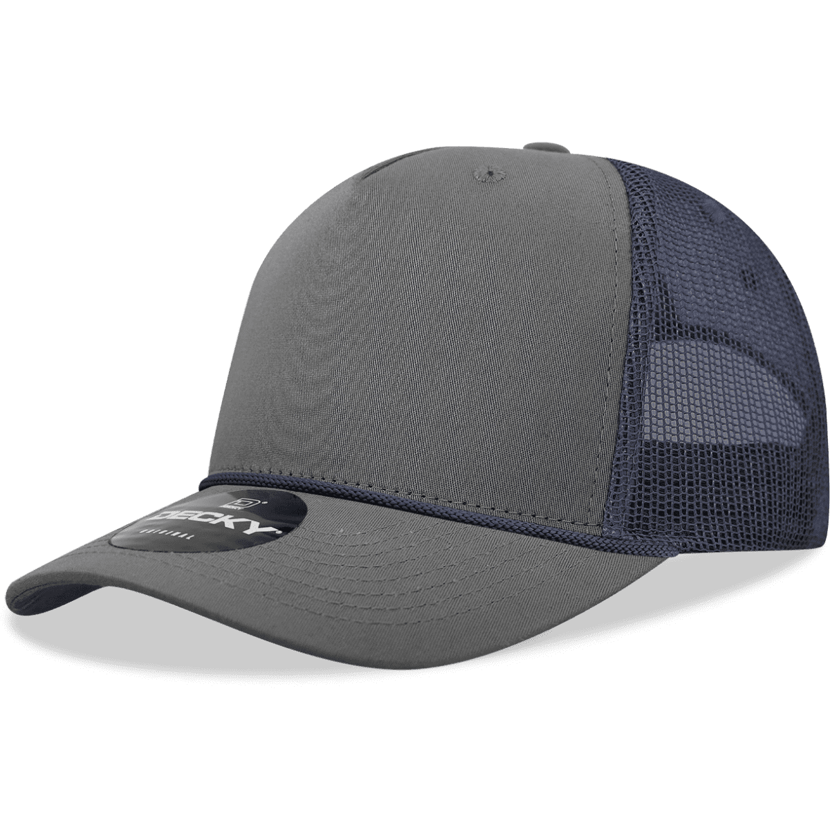A grey high-profile structured trucker cap with mesh panels and a branded logo.